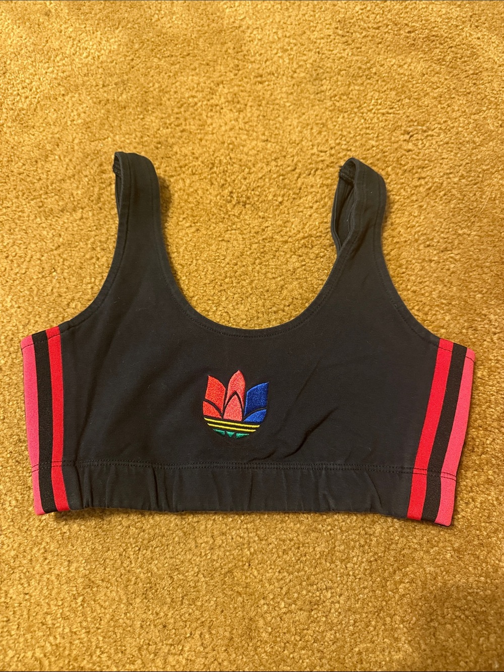 adidas Black Crop Tank with Rainbow Trefoil and Red Stripes